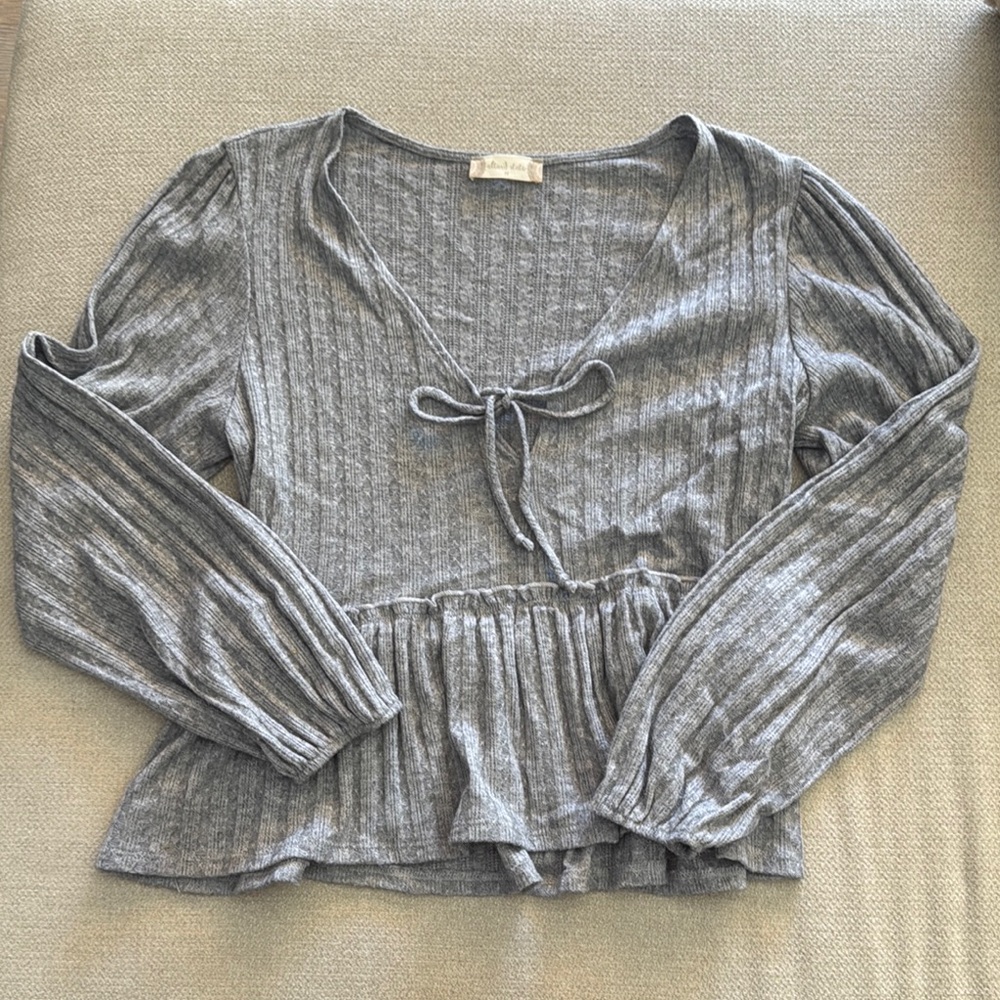 Gray Peplum Blouse with Tie Front and 3/4 Sleeves